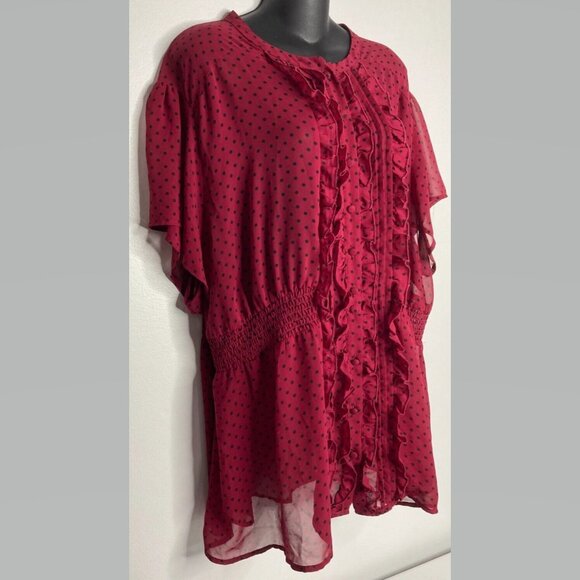 Torrid Womens Blouse Top Size 4 Sheer Ruffles Red Polka Dot Short Sleeve Career - Picture 4 of 8